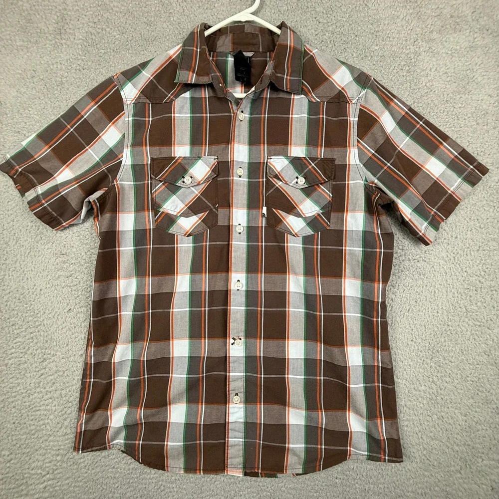 The North Face Mens Plaid Short Sleeve Button Up Shirt M Brown‎ Green Orange